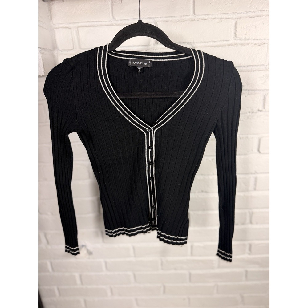 Bebe Black White Ribbed Cardigan Top S Fitted Button Front Y2K 2000s